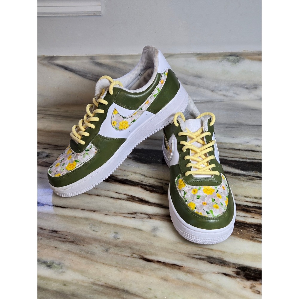 Nike Air Force 1 Low Custom Olive Green Floral Daisy Sneakers‎  Custom Women 7